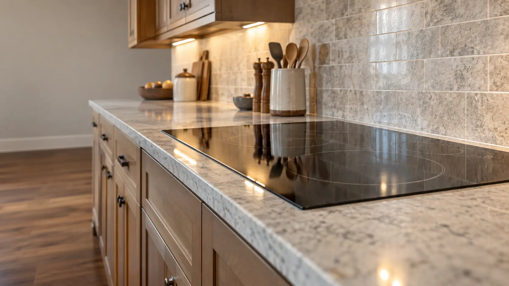 A Craftsman bungalow kitchen with a glass cooktop, seen low along the counter, the cooktop surface catching the light.