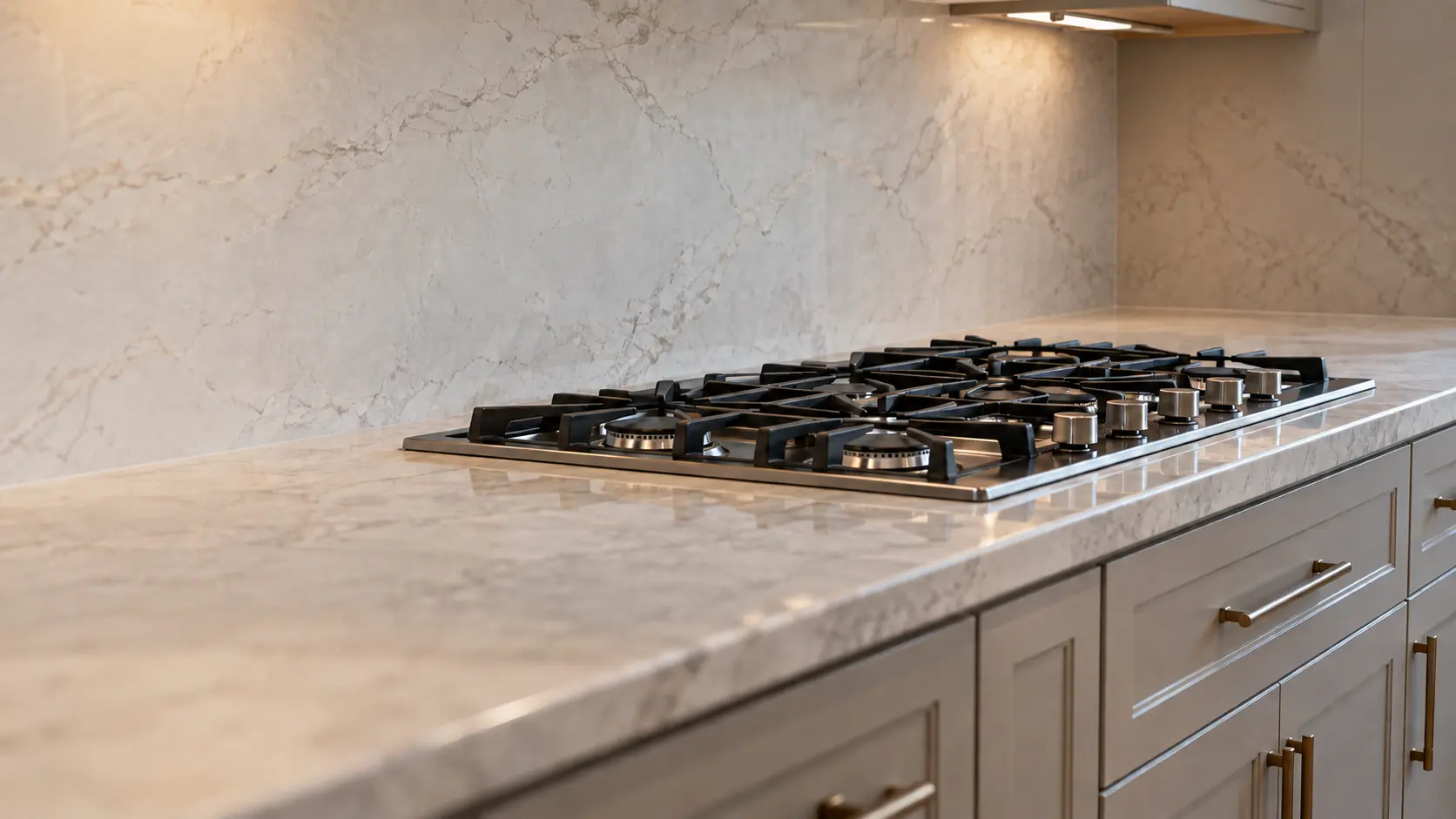 A suburban house kitchen with a 36-inch gas cooktop, seen low along the counter, the cooktop surface catching the light.