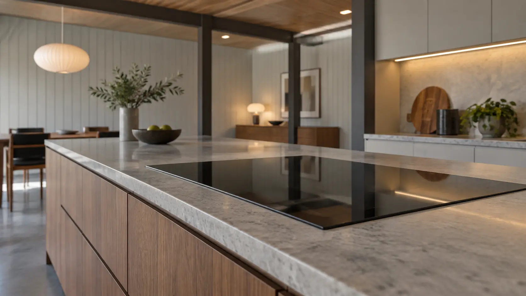 An Eichler house kitchen with an induction cooktop in a long island, seen low along the counter, the cooktop surface catching the light.