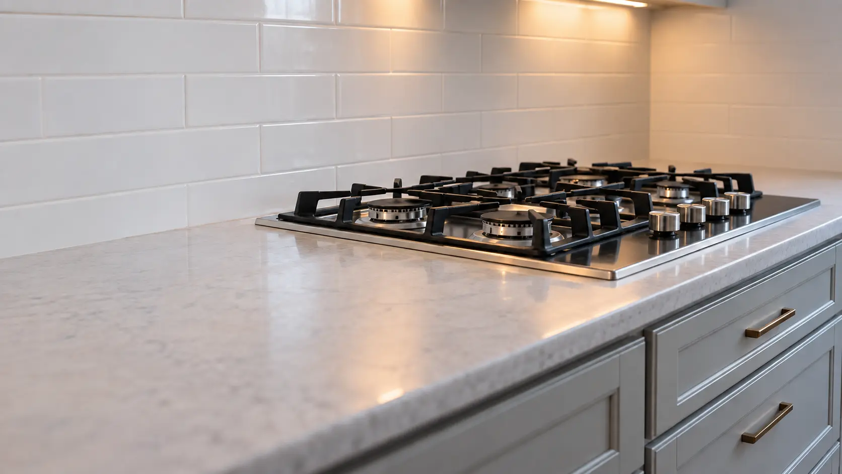A two-flat kitchen with a gas cooktop in painted cabinets, seen low along the counter, the cooktop surface catching the light.
