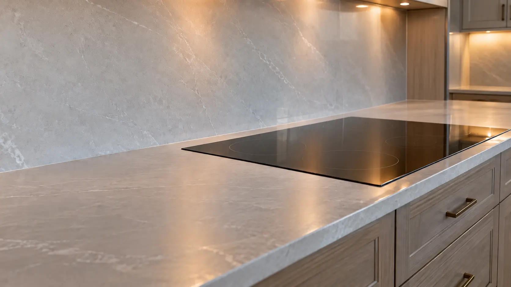 A lake house kitchen with an induction cooktop, seen low along the counter, the cooktop surface catching the light.