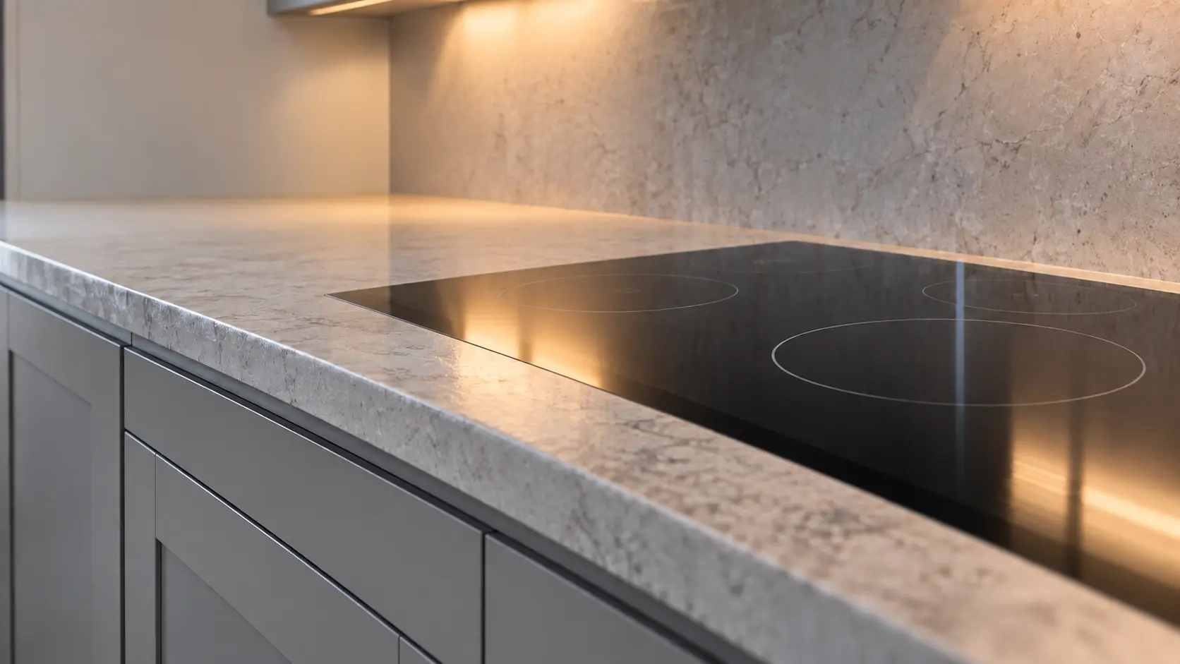 A newer subdivision kitchen with a glass cooktop in gray cabinets, seen low along the counter, the cooktop surface catching the light.