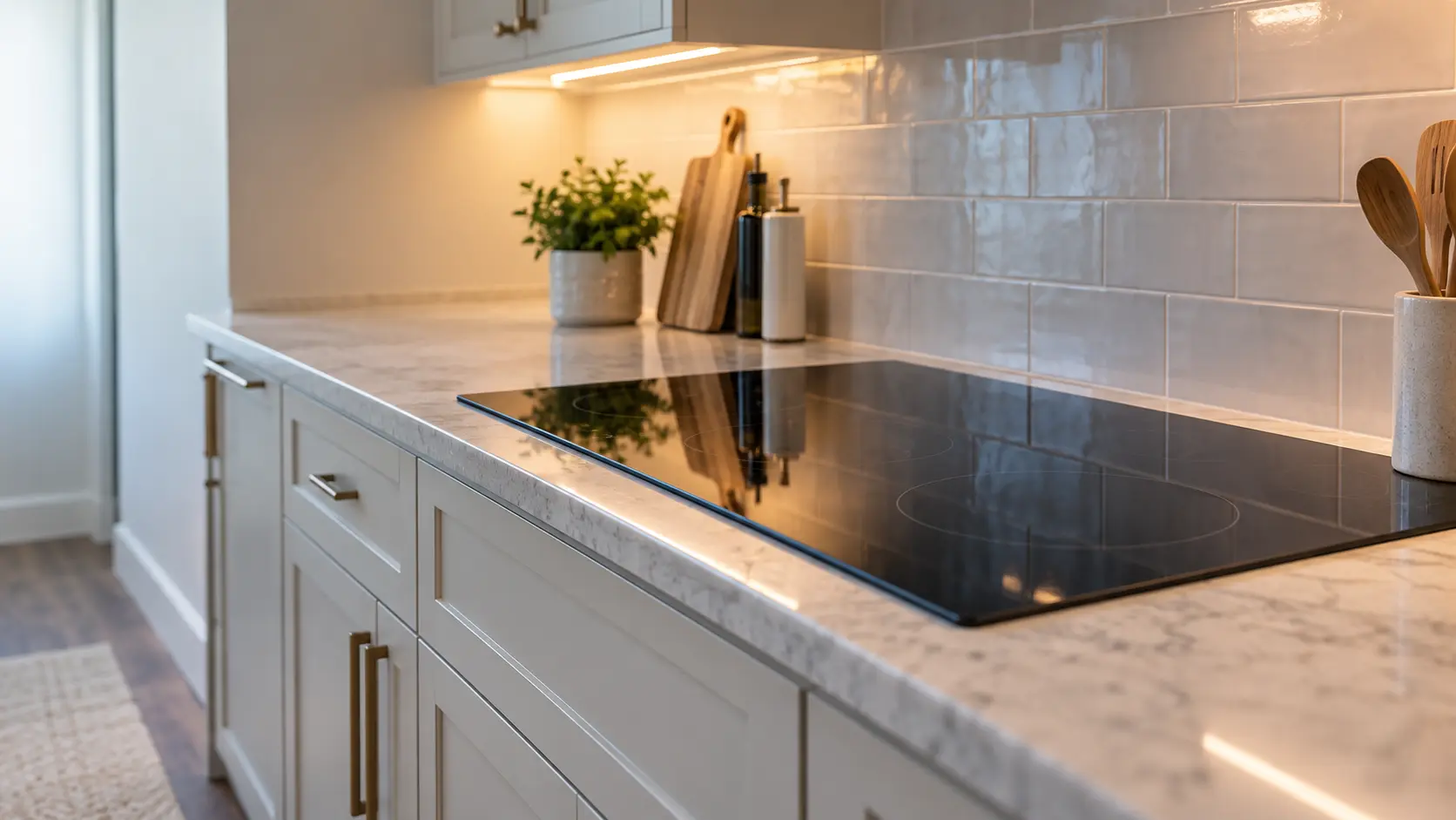 A raised coastal house kitchen with a glass radiant cooktop, seen low along the counter, the cooktop surface catching the light.