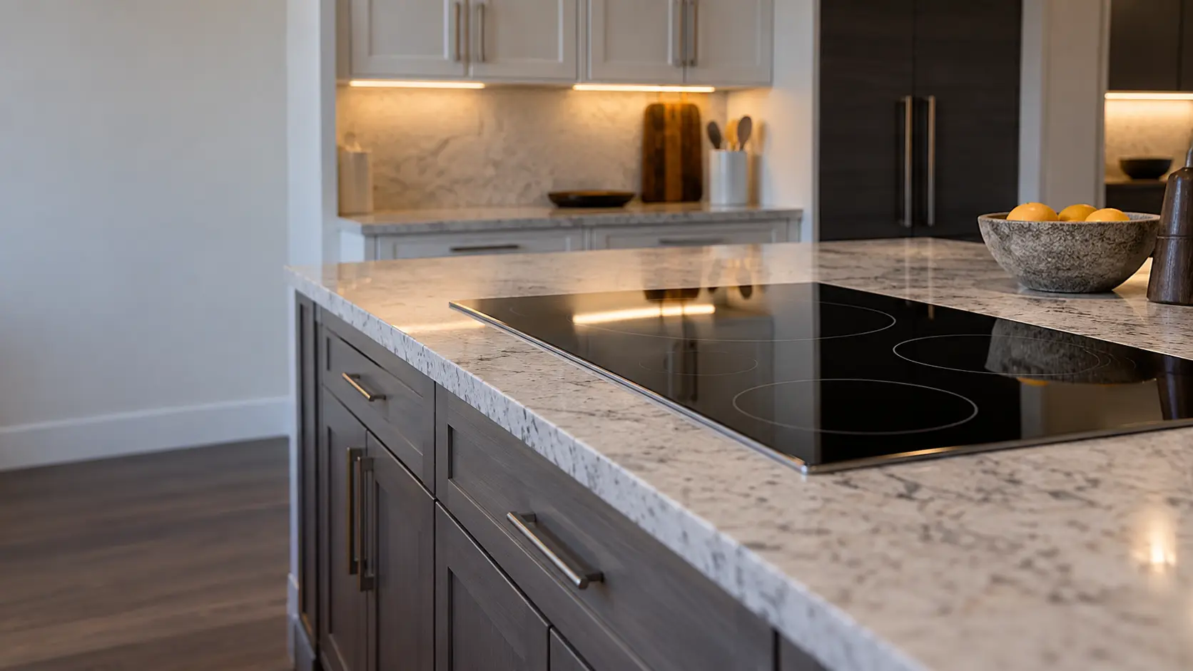 A master-planned community kitchen with a glass cooktop in the island, seen low along the counter, the cooktop surface catching the light.