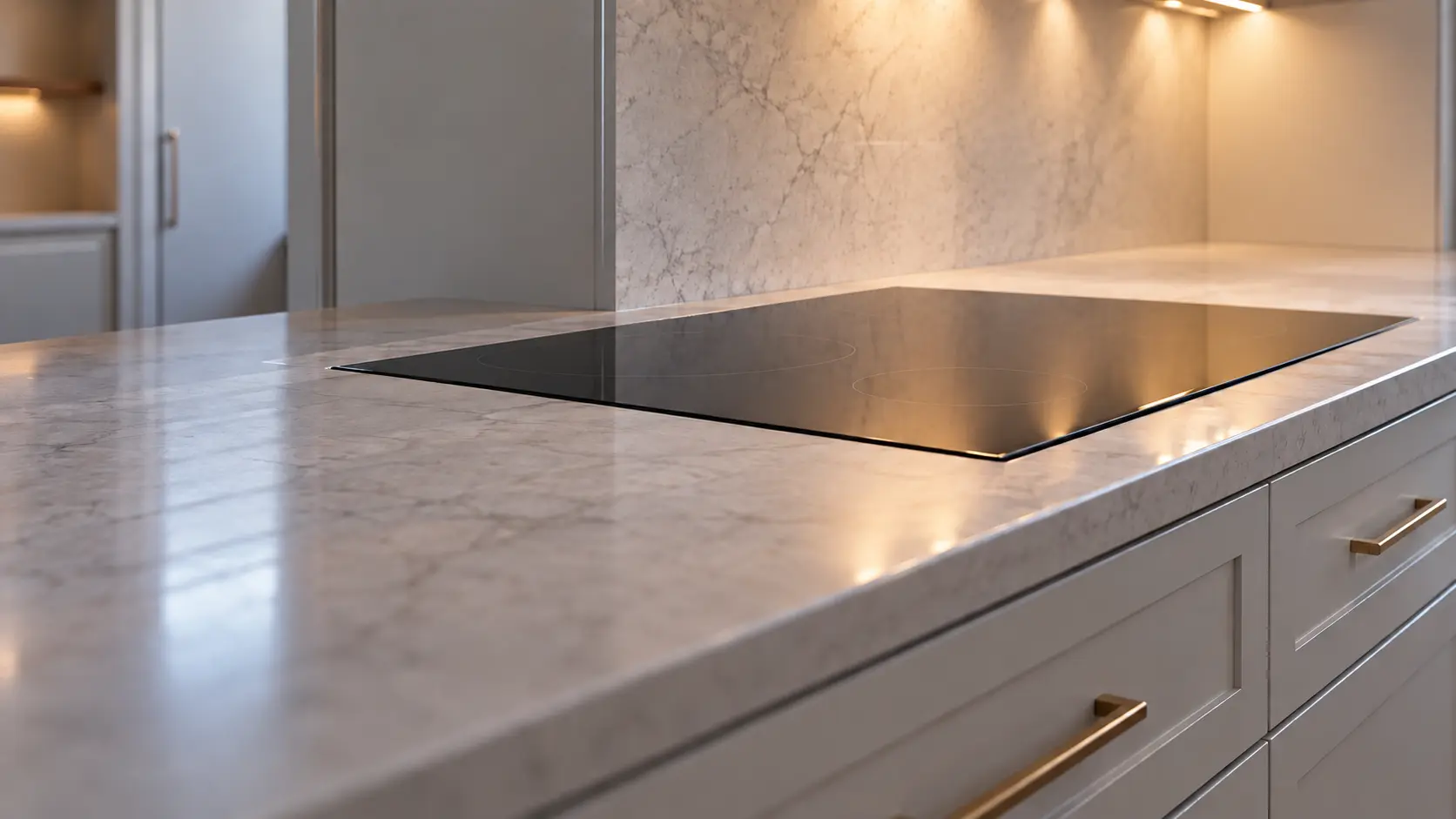 An island house kitchen with an induction cooktop in painted cabinets, seen low along the counter, the cooktop surface catching the light.