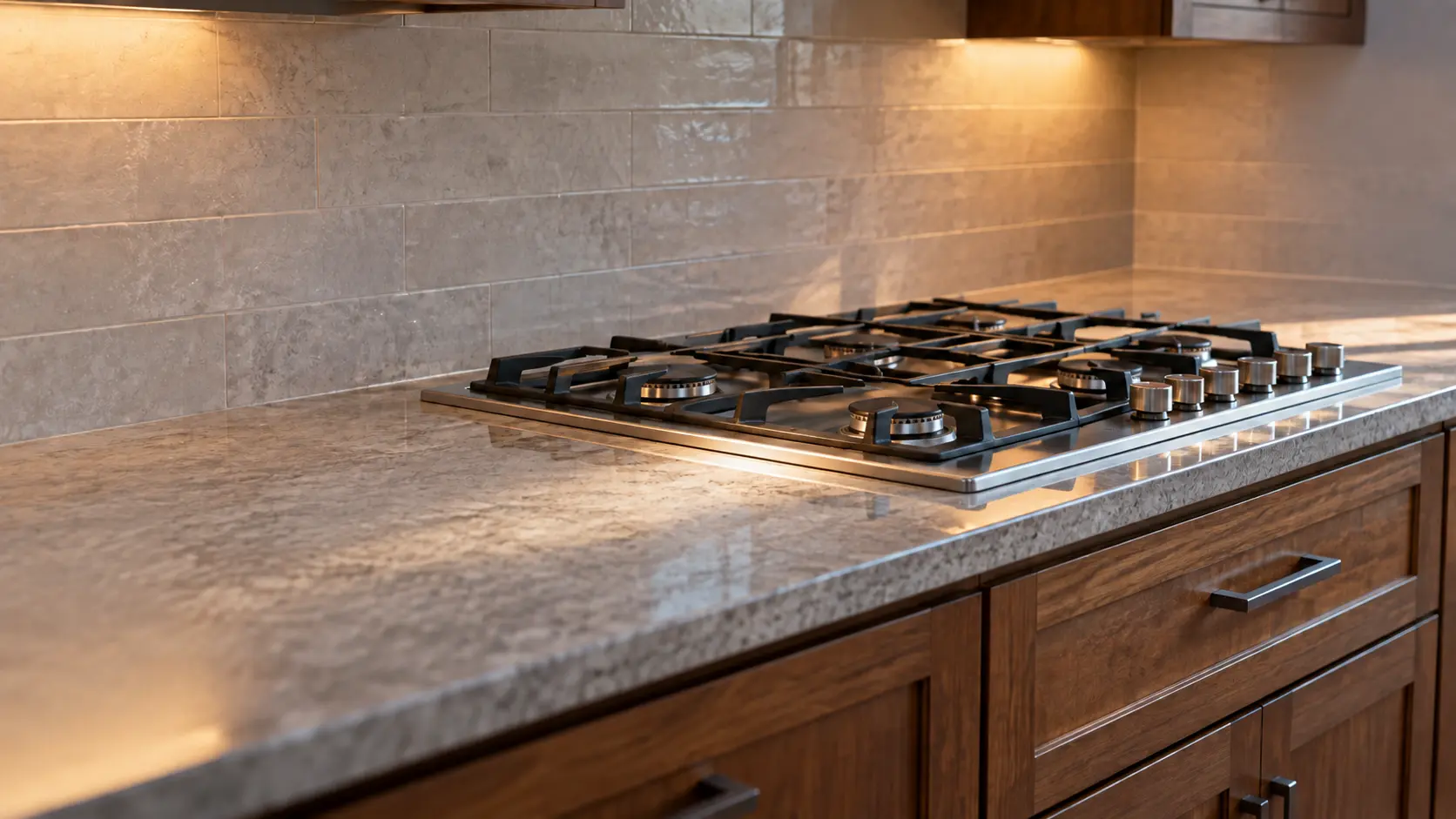 A wooded-lot house kitchen with a gas cooktop in stained cabinets, seen low along the counter, the cooktop surface catching the light.