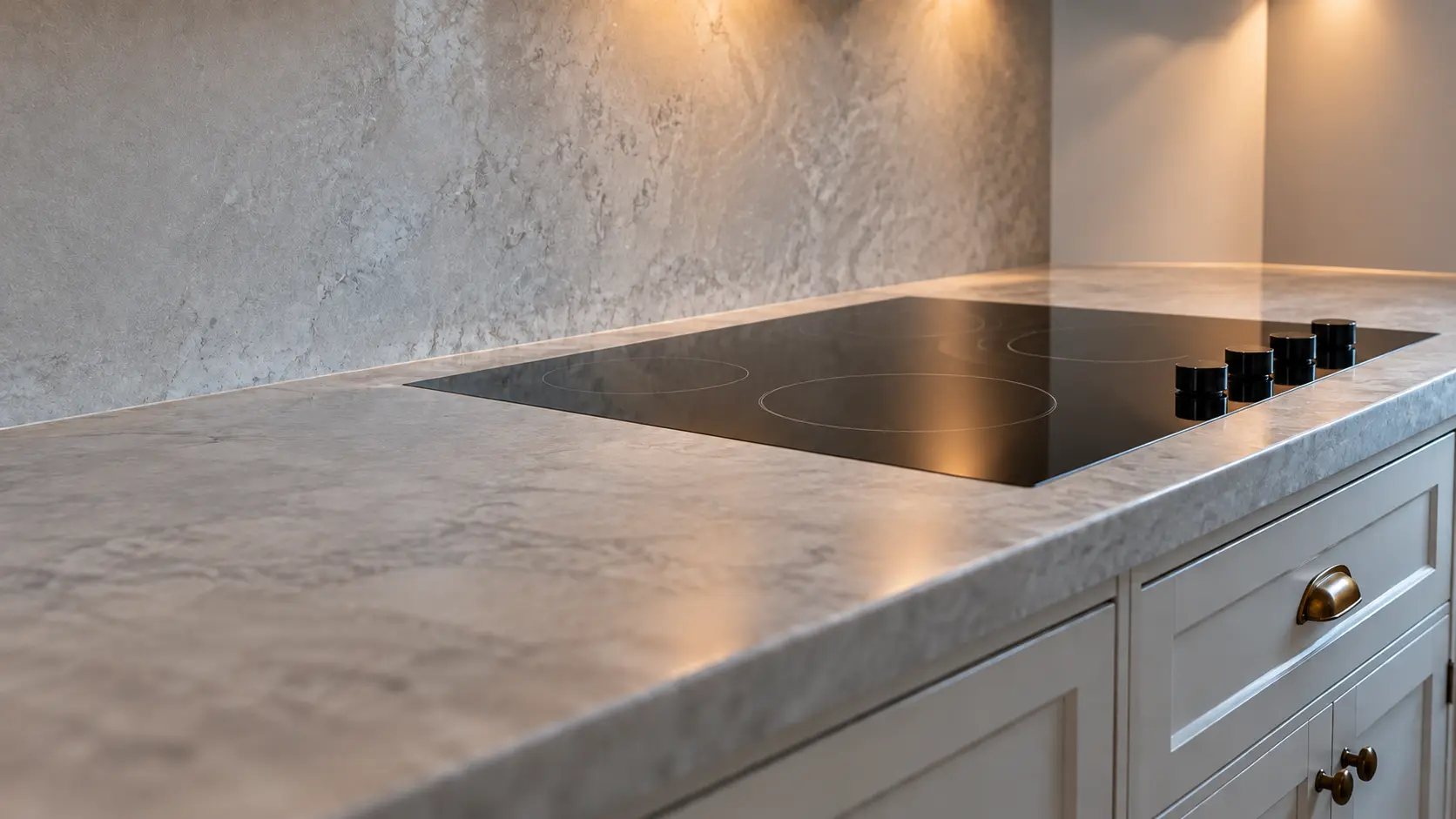 A prewar co-op kitchen with a compact glass cooktop, seen low along the counter, the cooktop surface catching the light.