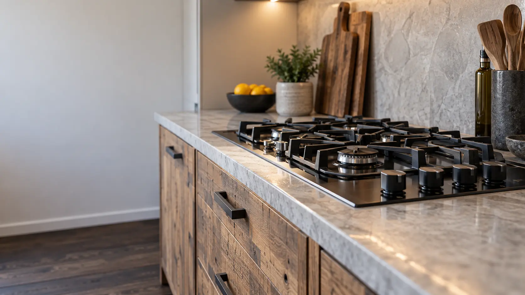 A brownstone kitchen with a gas cooktop in reclaimed wood cabinets, seen low along the counter, the cooktop surface catching the light.