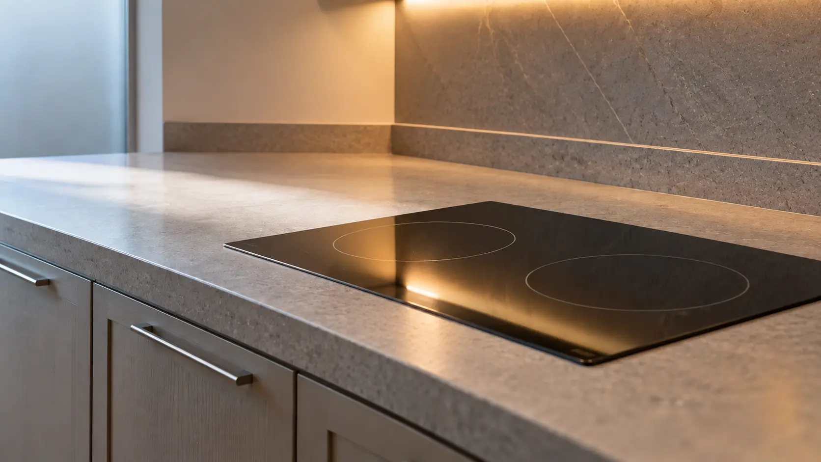 A doorman-building apartment kitchen with a two-zone induction cooktop, seen low along the counter, the cooktop surface catching the light.