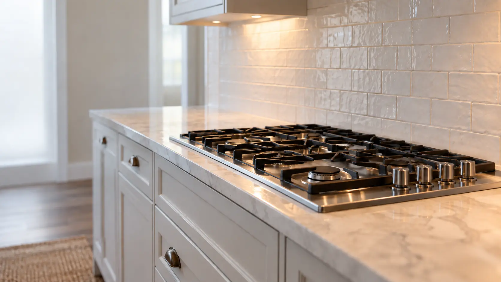 A Long Island colonial kitchen with a 36-inch rangetop, seen low along the counter, the cooktop surface catching the light.