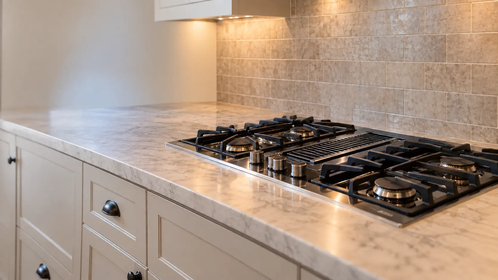 A suburban Tudor kitchen with a gas cooktop and a downdraft vent, seen low along the counter, the cooktop surface catching the light.