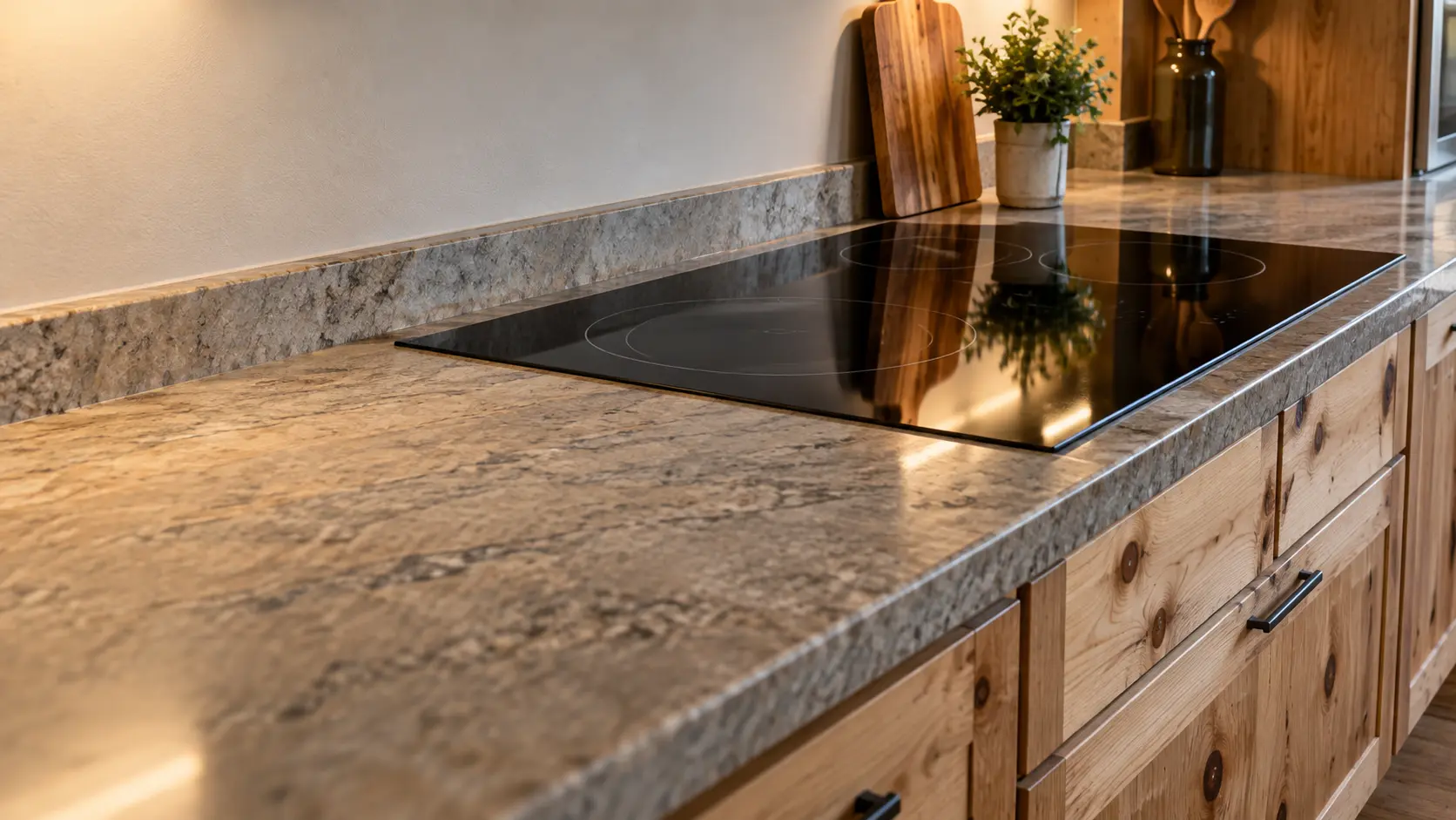 A rural ranch kitchen with a glass cooktop in knotty pine cabinets, seen low along the counter, the cooktop surface catching the light.