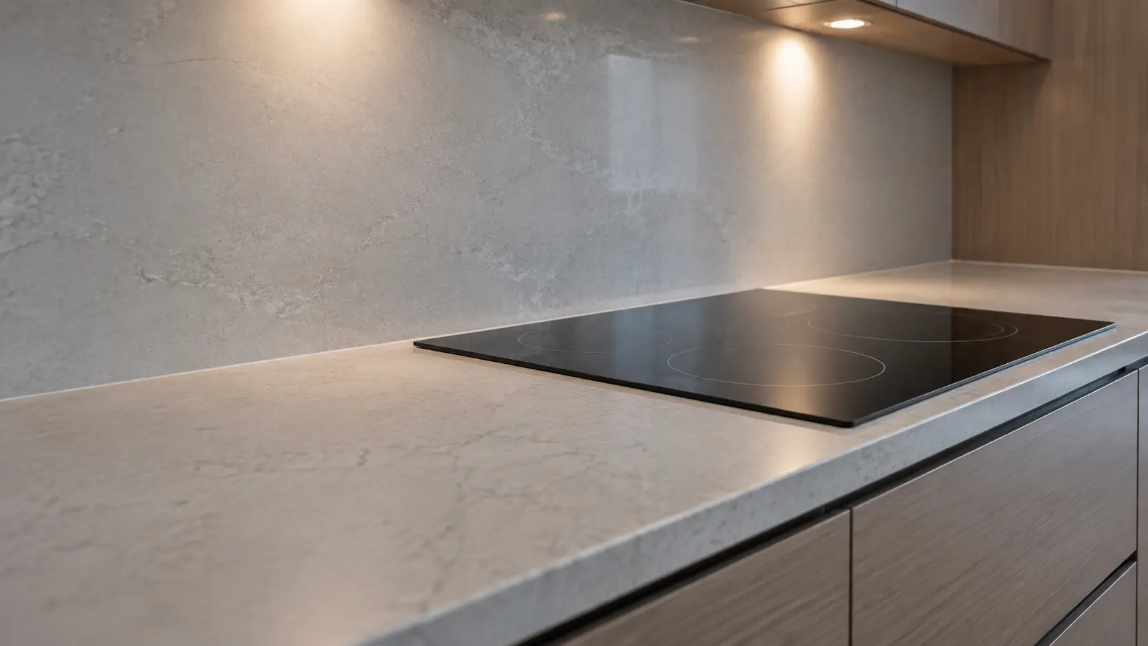 A townhouse kitchen with a glass cooktop in a short counter, seen low along the counter, the cooktop surface catching the light.