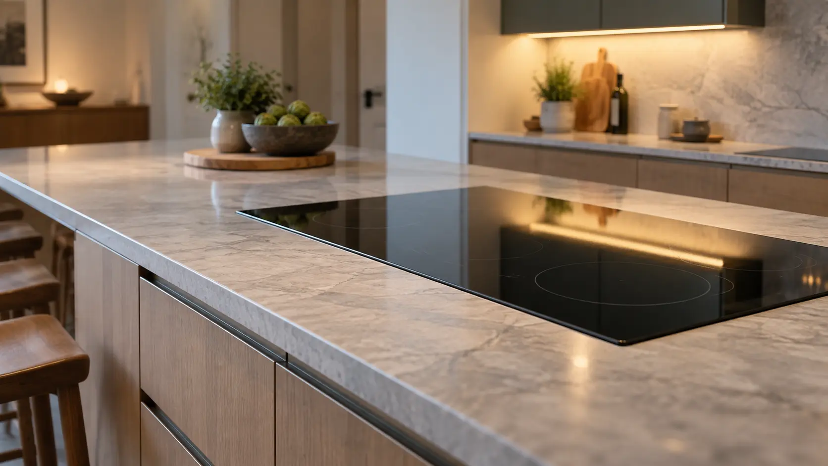 A vacation-rental kitchen with an induction cooktop in a long island, seen low along the counter, the cooktop surface catching the light.