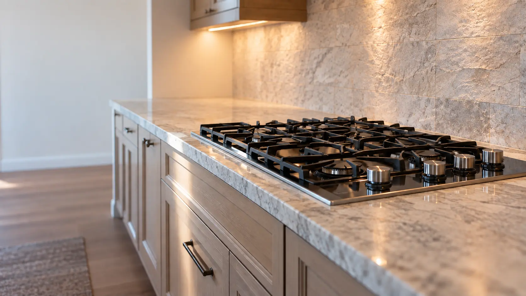 A hillside ranch house kitchen with a pro-style rangetop, seen low along the counter, the cooktop surface catching the light.