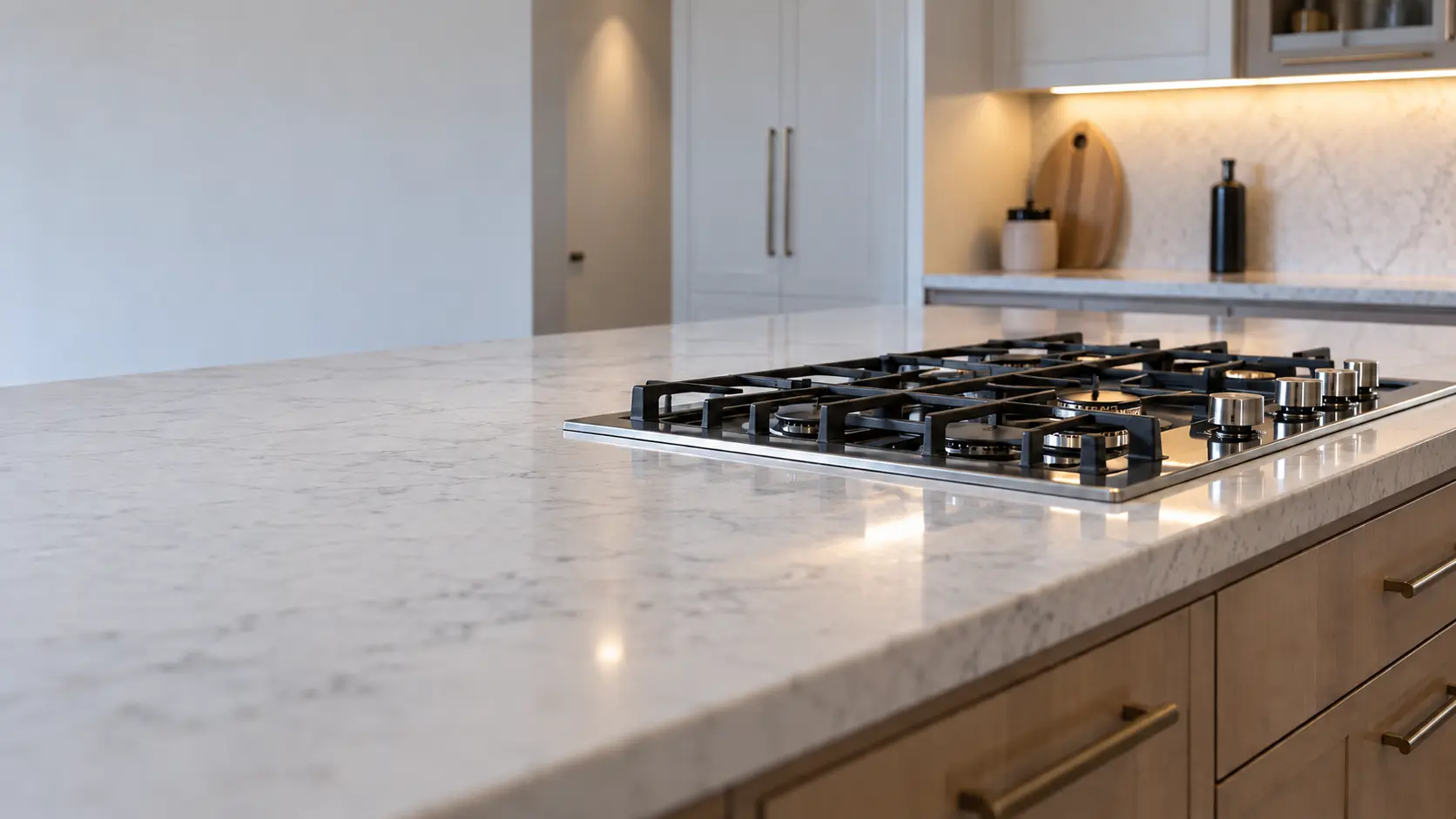 A canal-front house kitchen with a gas cooktop in the island, seen low along the counter, the cooktop surface catching the light.