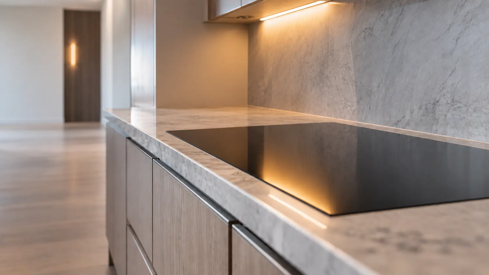 A waterfront condo kitchen with a black induction cooktop, seen low along the counter, the cooktop surface catching the light.