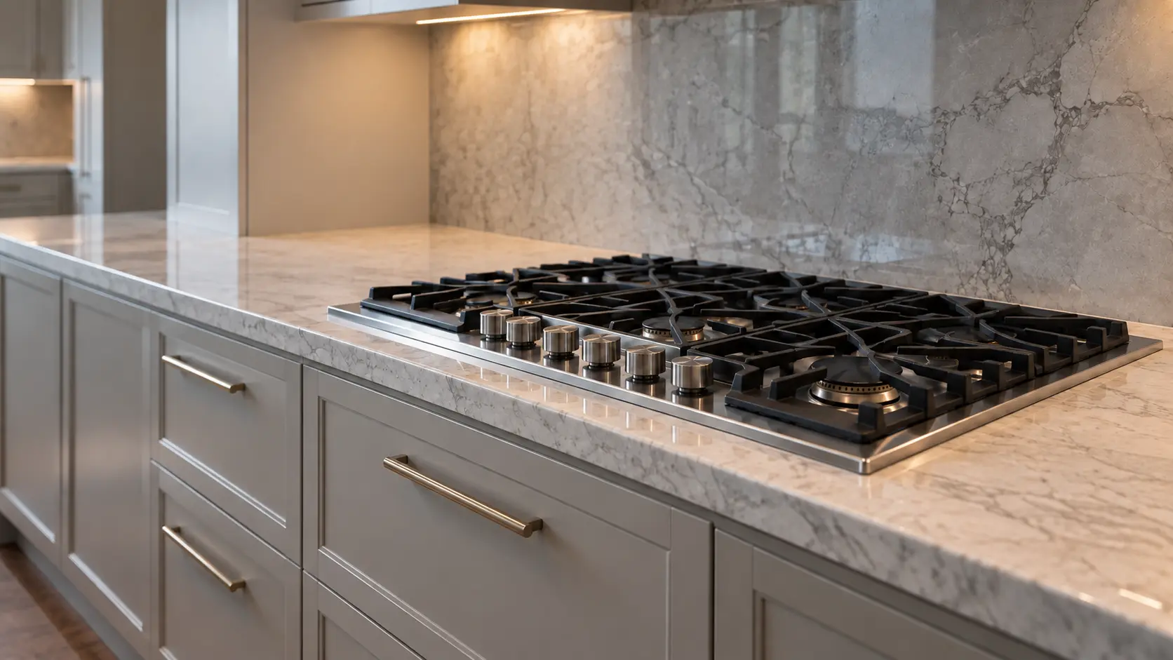 A large estate kitchen with a 48-inch rangetop, seen low along the counter, the cooktop surface catching the light.