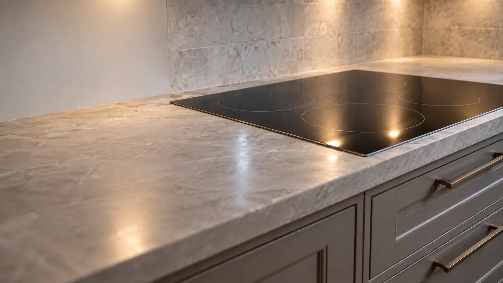 A block house kitchen with a glass cooktop in a tiled counter, seen low along the counter, the cooktop surface catching the light.