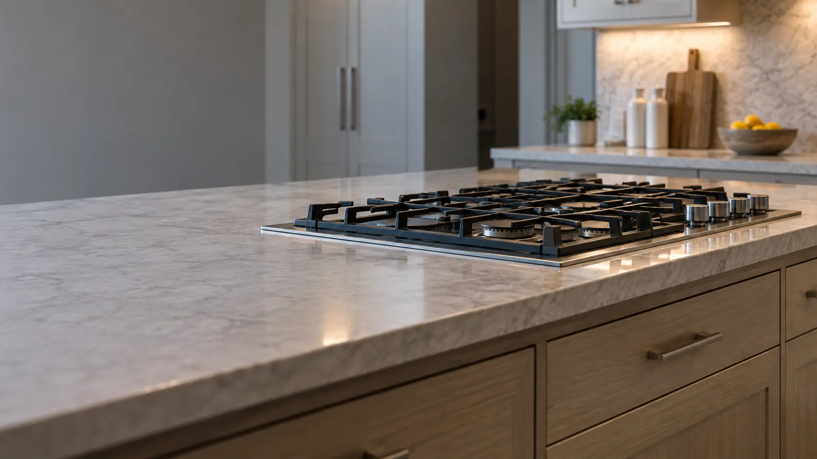 A newer subdivision kitchen with an island gas cooktop, seen low along the counter, the cooktop surface catching the light.
