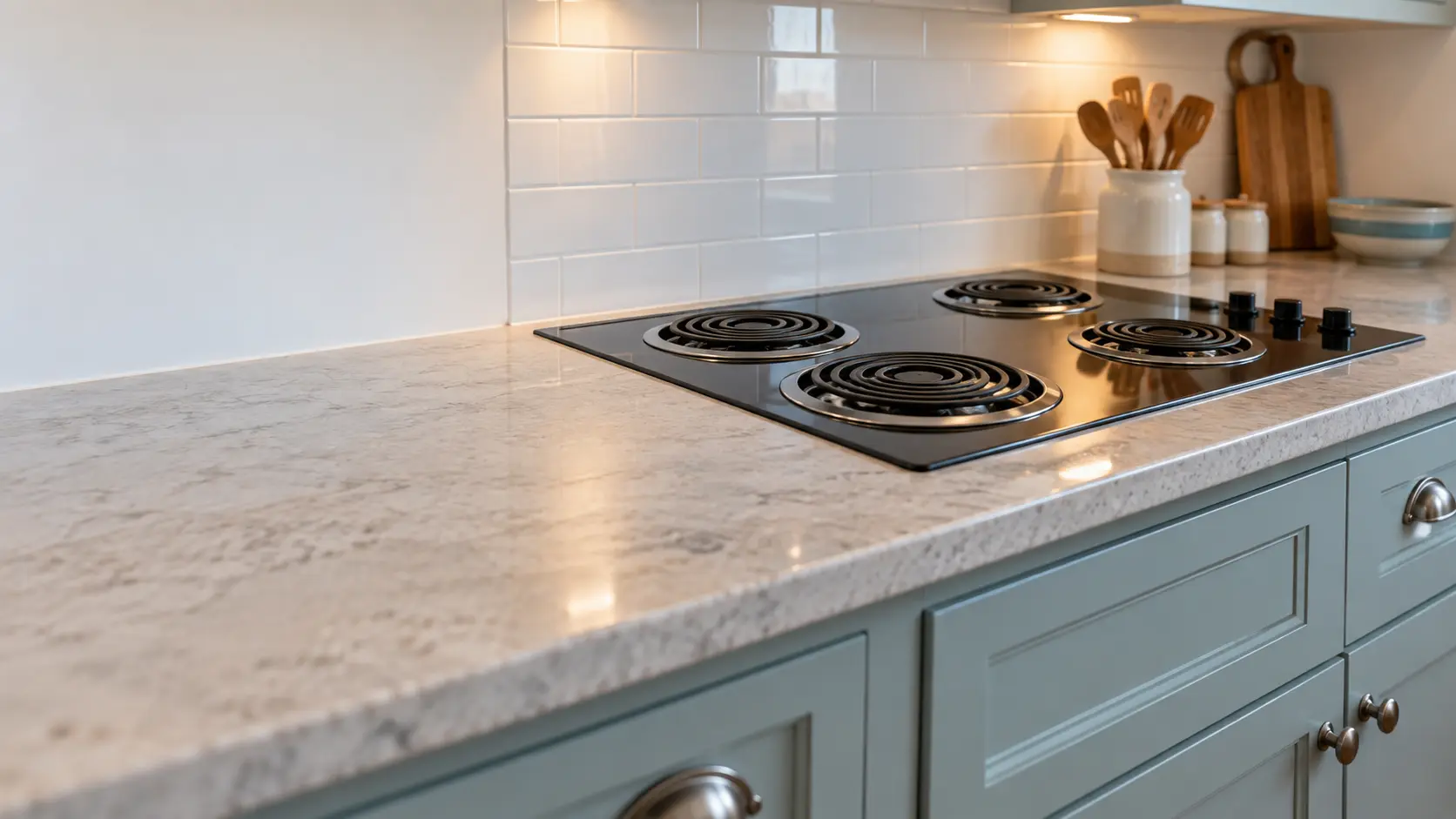 A beach-town cottage kitchen with a small coil-element cooktop, seen low along the counter, the cooktop surface catching the light.