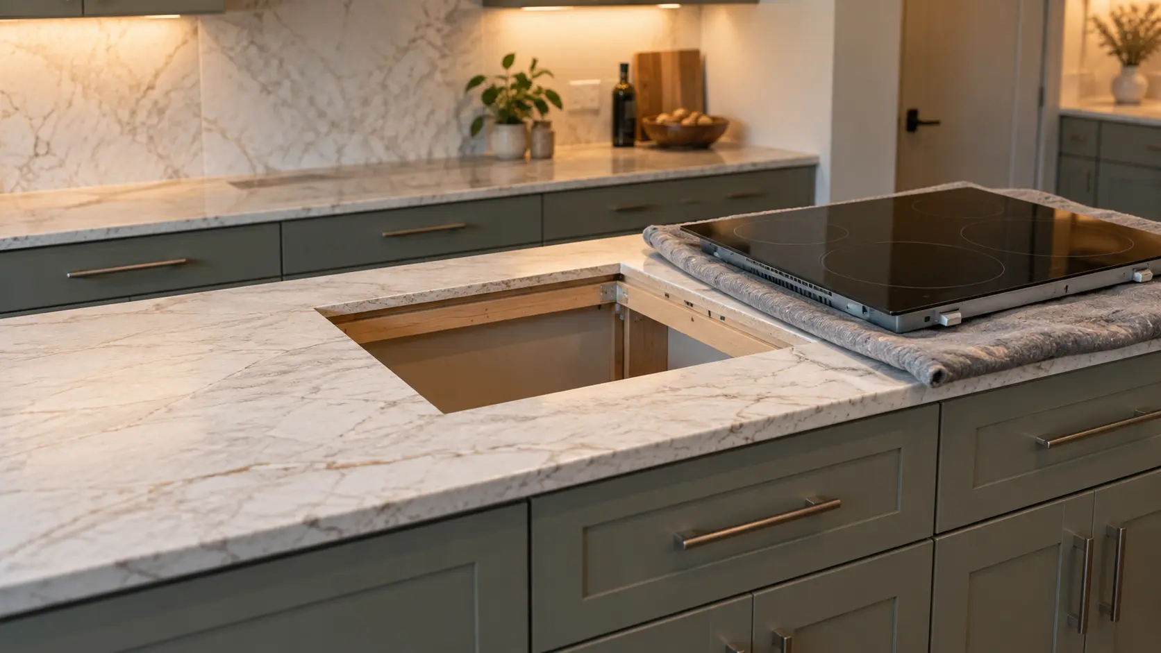 An empty rectangular cutout in a stone countertop, a cooktop resting on padding beside it.