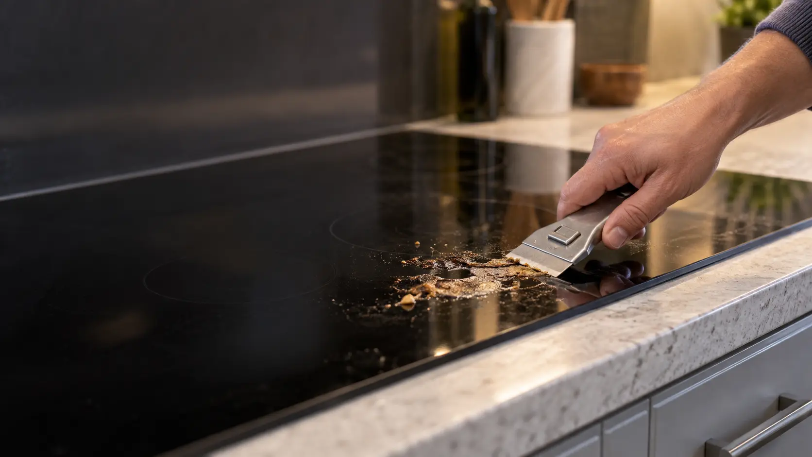 A razor scraper held flat against a black glass cooktop, lifting a dried spill.