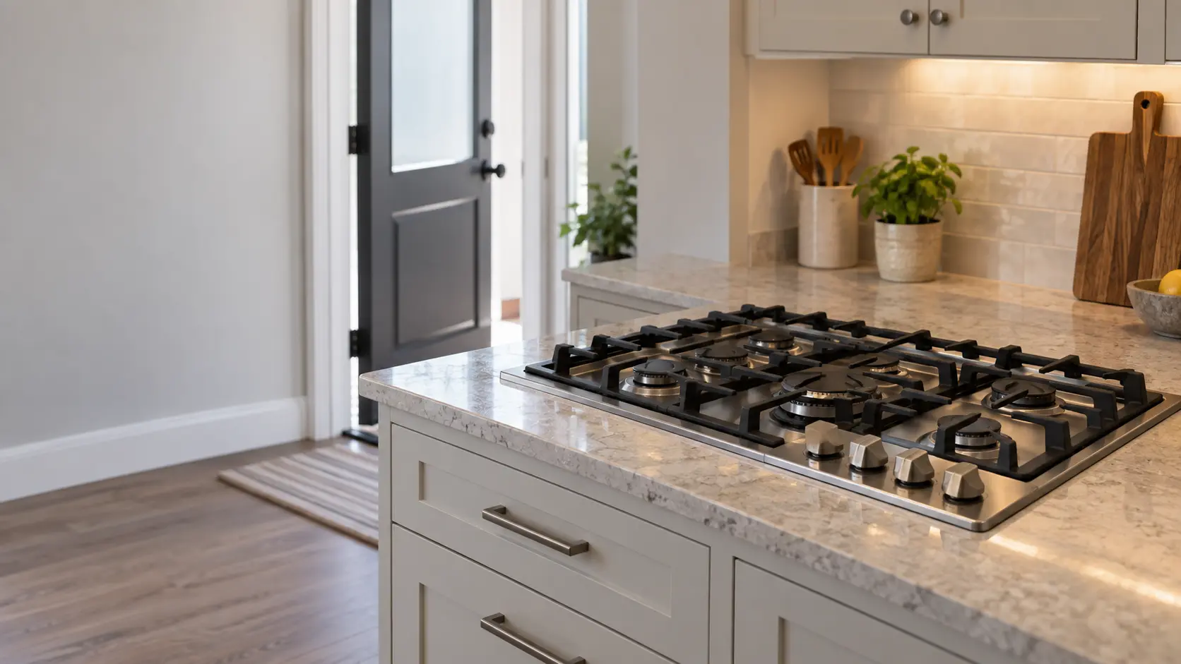A kitchen with a gas cooktop switched off and every knob at off, the back door propped open to air the room.