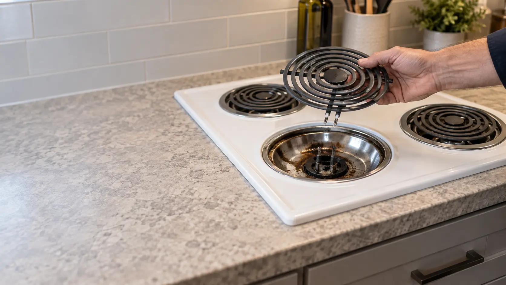 A technician's hand holds a new spiral coil element above a white electric coil cooktop set into a laminate countertop in a US home kitchen, a chrome drip bowl and a burnt receptacle visible at the open position.