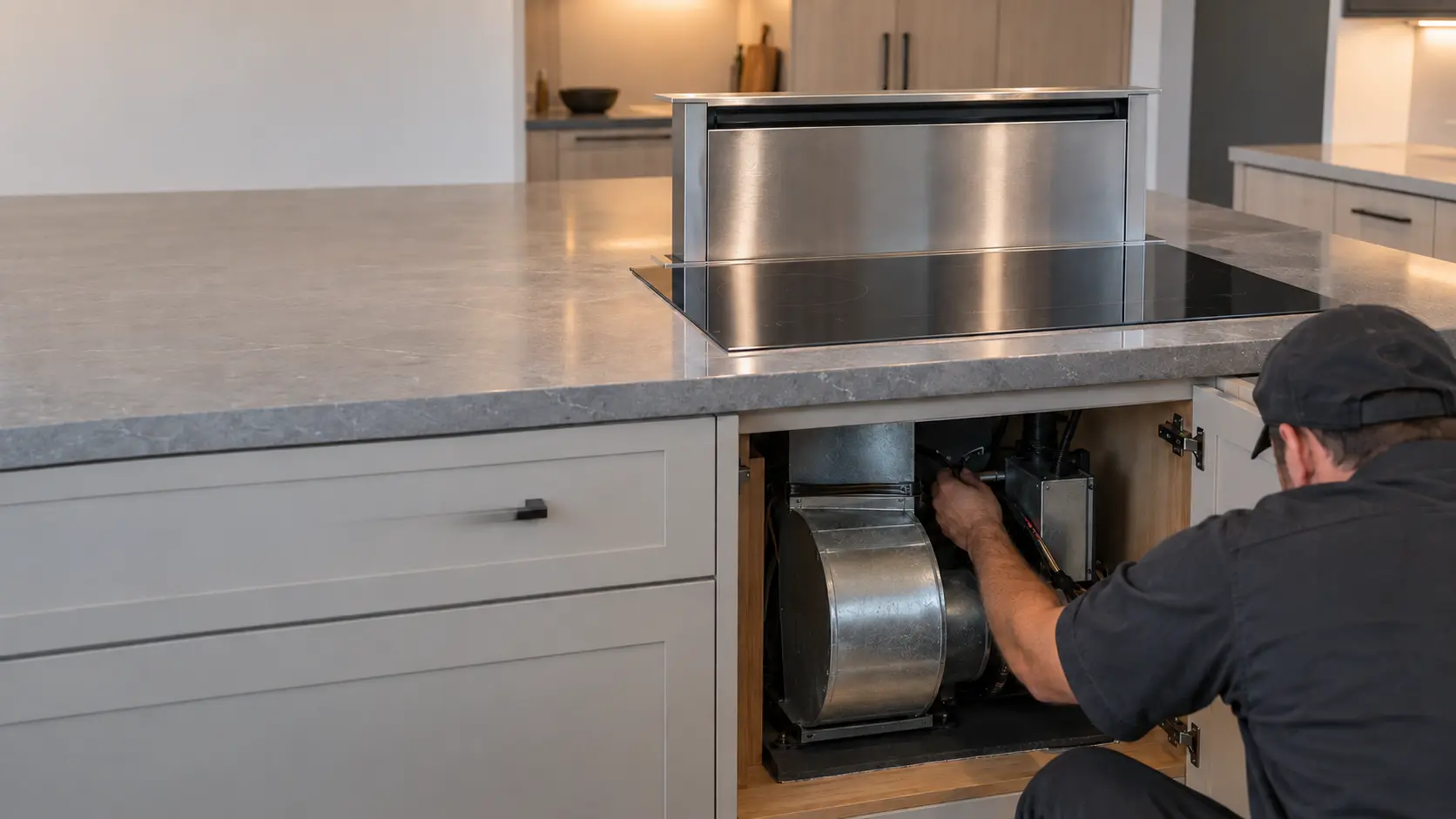 A stainless downdraft vent panel stands raised behind a black induction cooktop set into a gray quartz island in a US home kitchen, while a technician reaches into the open cabinet below toward the blower housing.