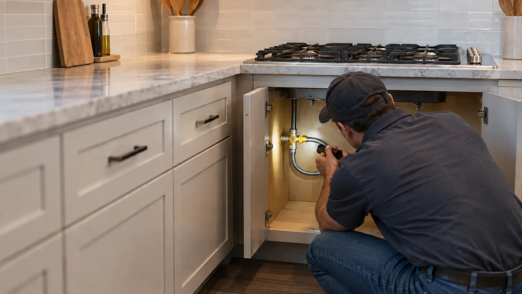 A technician kneels at an open base cabinet under a gas cooktop in a US home kitchen, shining a flashlight on the gas shutoff and the flexible connector.