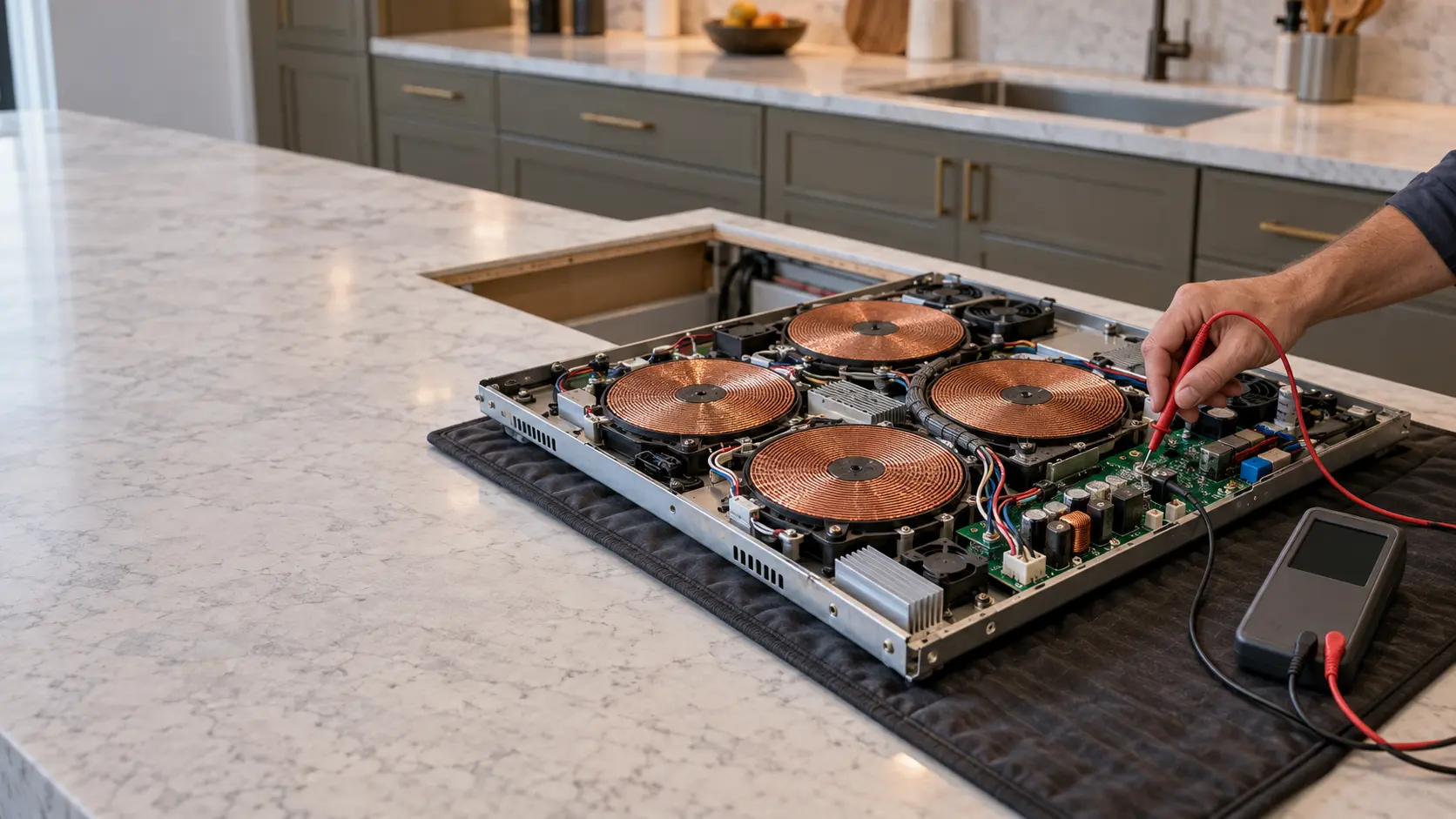 An induction cooktop lies upside down on a padded mat on a kitchen island in a US home, its bottom cover off to show copper coils and a green power board, while a technician's hand holds a meter probe to a terminal.