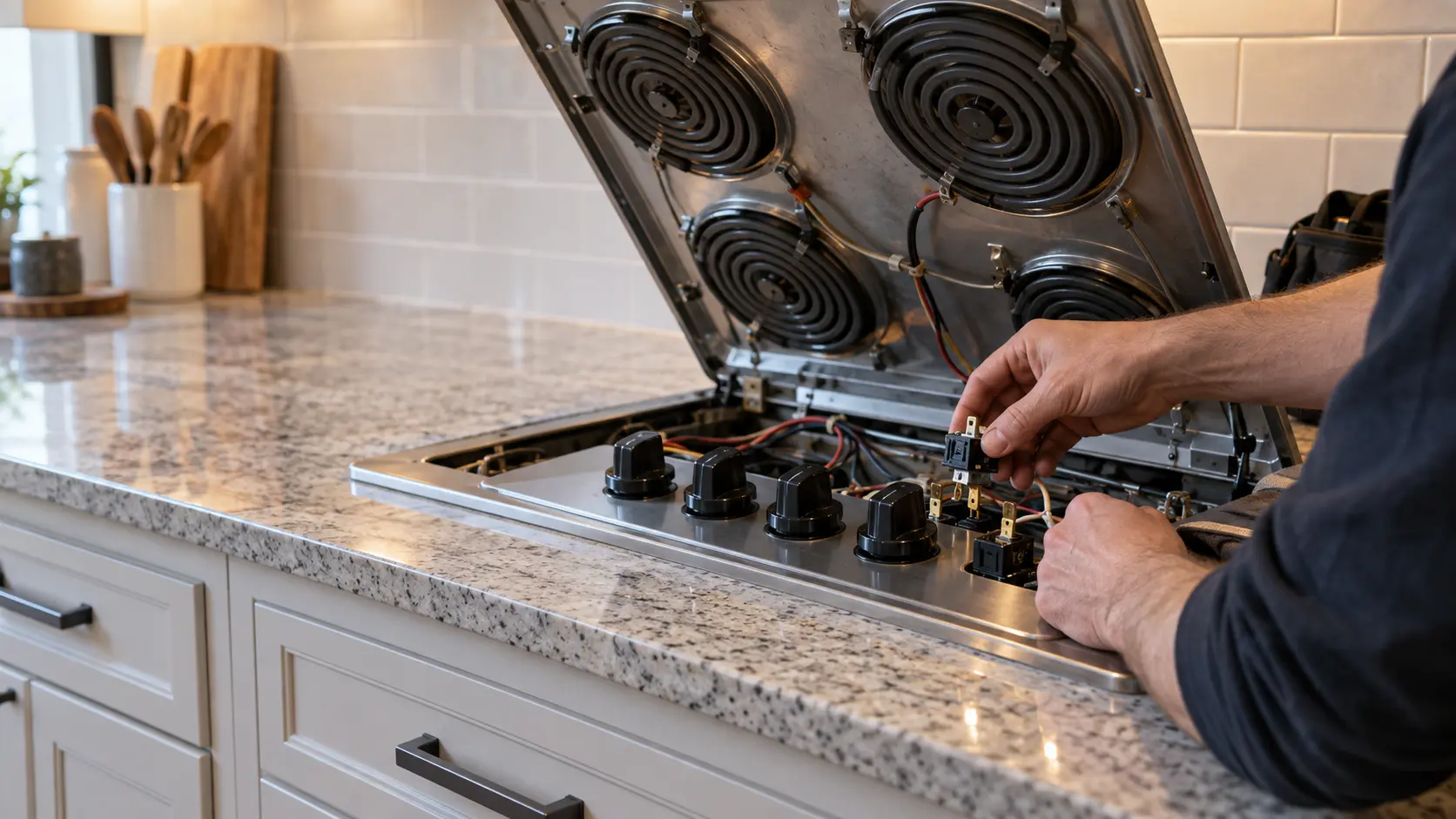A technician's hand fits a new control switch behind a row of black knobs on the front edge of an electric coil cooktop built into a countertop in a US home kitchen, the top panel propped open.