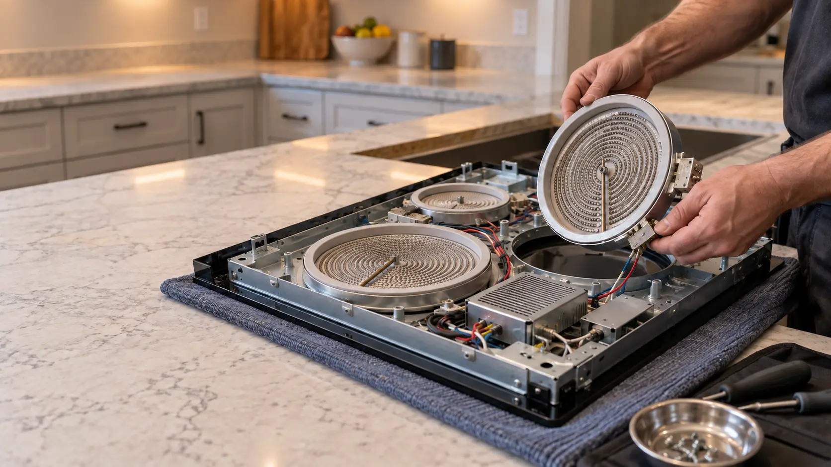 A black glass electric cooktop lies face down on a padded cloth on a kitchen island in a US home, its underside open, while a technician lifts a round radiant element dish out of the frame.
