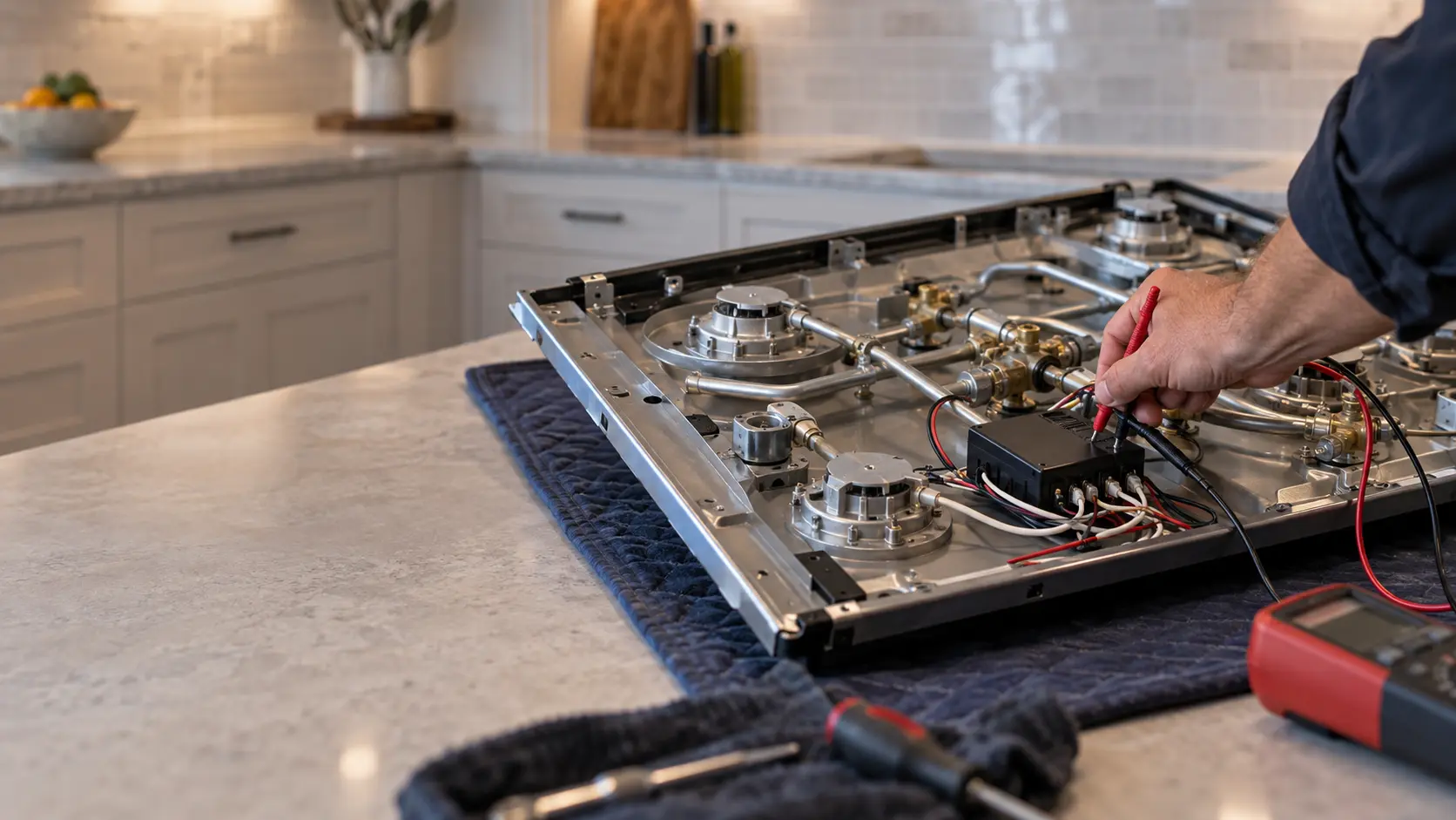 A gas cooktop lies upside down on a padded work mat on a kitchen countertop in a US home, its underside open to show the valve manifold and a small black spark module, while a technician's hand holds a meter probe to a wire.