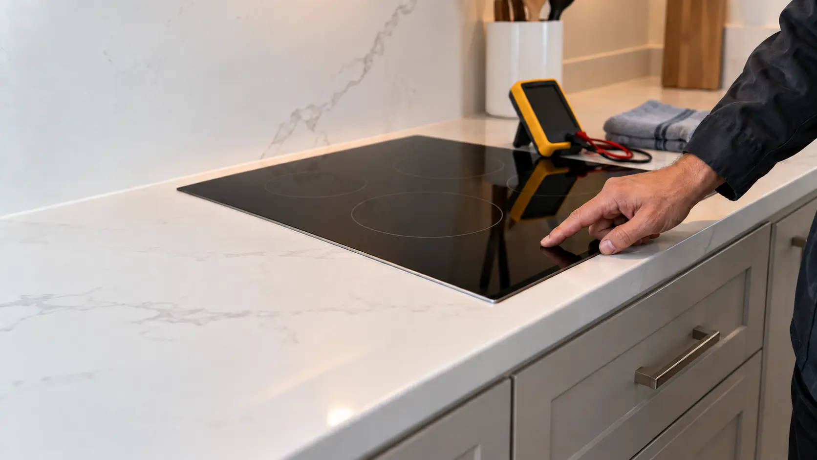 A technician's fingertip rests on the glass touch keys along the front edge of a black cooktop built into a white countertop in a US home kitchen, a meter and a folded towel on the counter beside it.