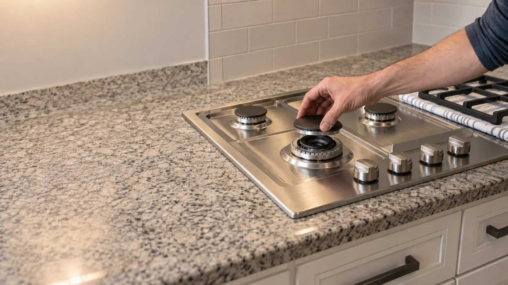 A stainless gas cooktop set into a granite countertop in a US home kitchen, a hand lifting a burner cap to reseat it, the grate set aside on a folded towel and every knob off.