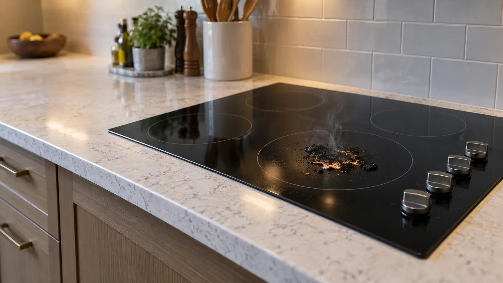 A US home kitchen with a black glass electric cooktop set into a quartz countertop, a thin wisp of smoke rising from a charred spill on one dark ring, every control switched off and no pan on top.
