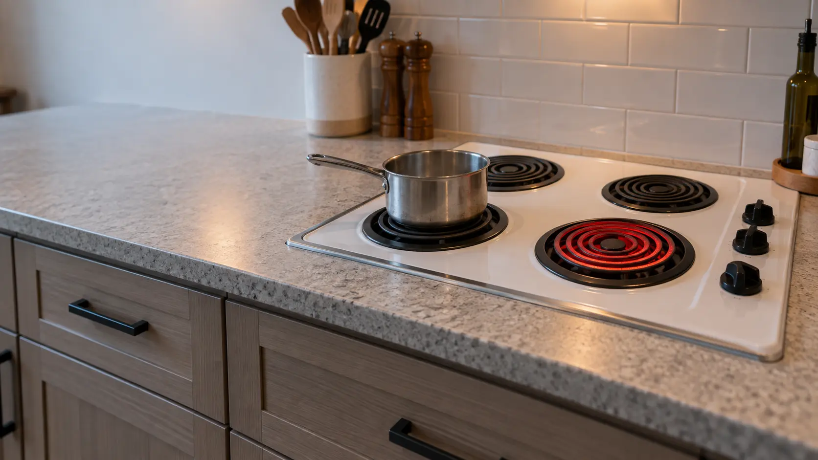 A close view of a coil electric cooktop set into a laminate countertop, one knob turned halfway while the coil beside it stays dark under a small saucepan, the neighboring coil glowing red.