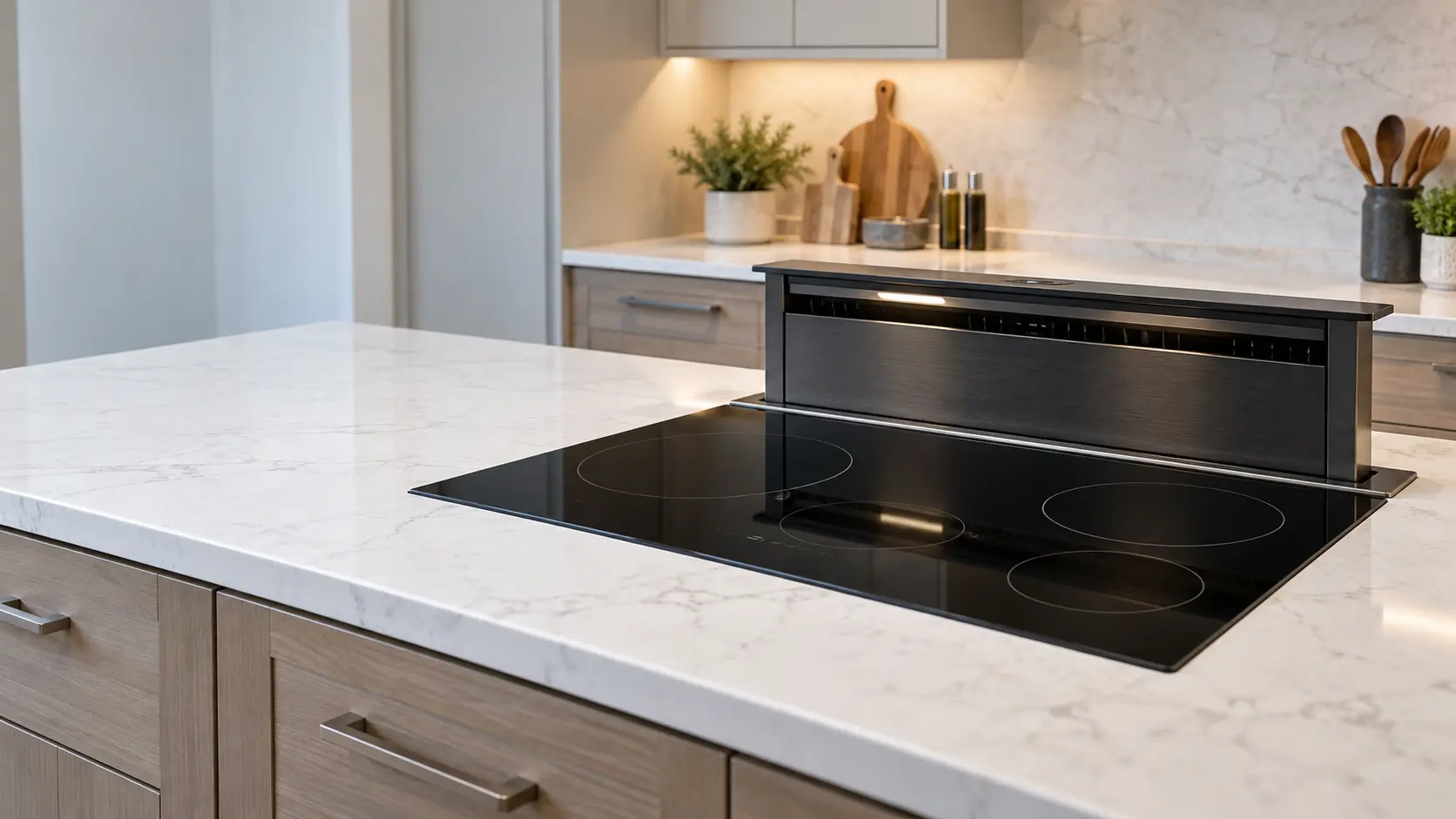 A black induction cooktop with a raised pop-up downdraft vent behind it, set into a kitchen island with a white stone countertop.