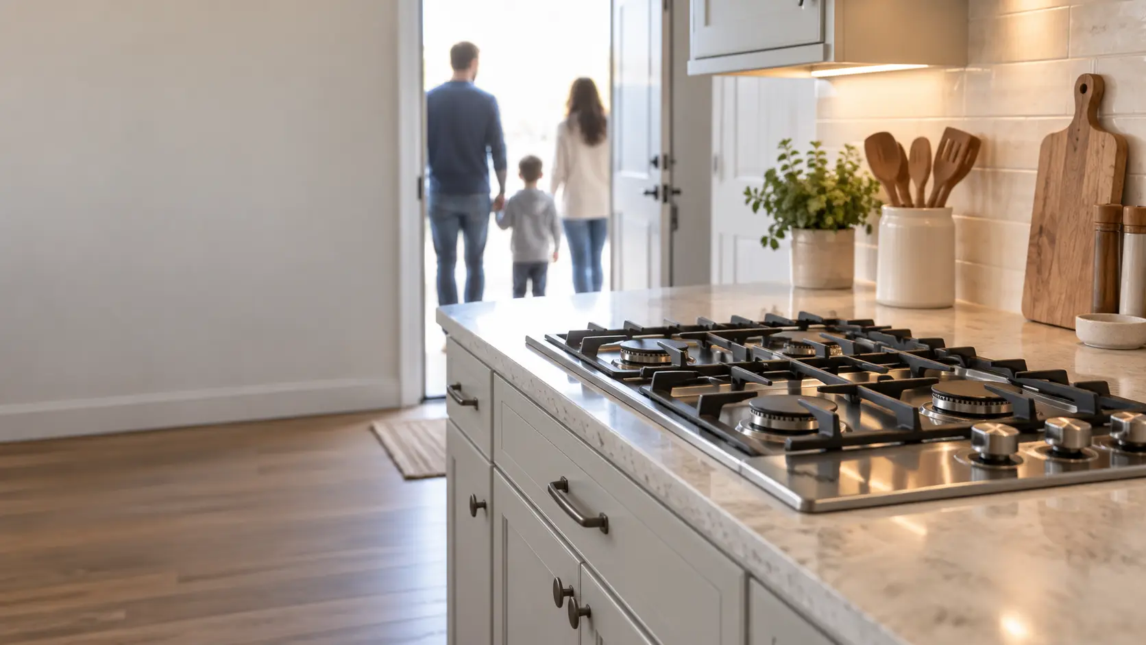 A quiet US home kitchen with a stainless gas cooktop set into a stone countertop, every burner dark and the grates empty, the back door open to a sunny yard where the family stands together outside.
