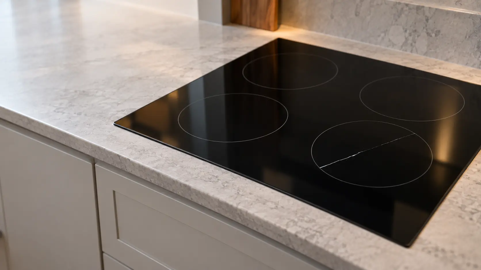 A close view of a black induction cooktop set flush into a pale stone countertop, a single crack running across one cooking zone, every zone switched off and dark, nothing resting on the glass.