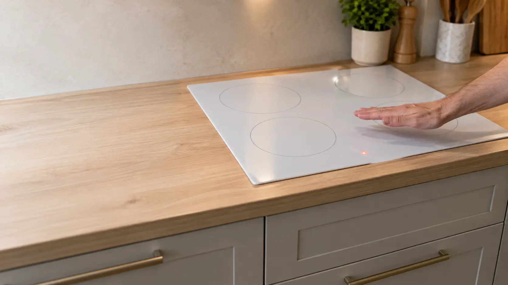 A white radiant glass cooktop set into a pale wood countertop, every zone cool and empty, a small indicator glowing at the front edge, and a hand held flat just above the glass.