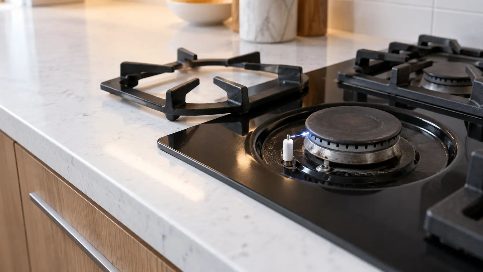 A close view of a gas burner on a black cooktop set into a white quartz countertop, a tiny blue spark jumping from the ceramic electrode beside an unlit burner, its grate lifted aside.