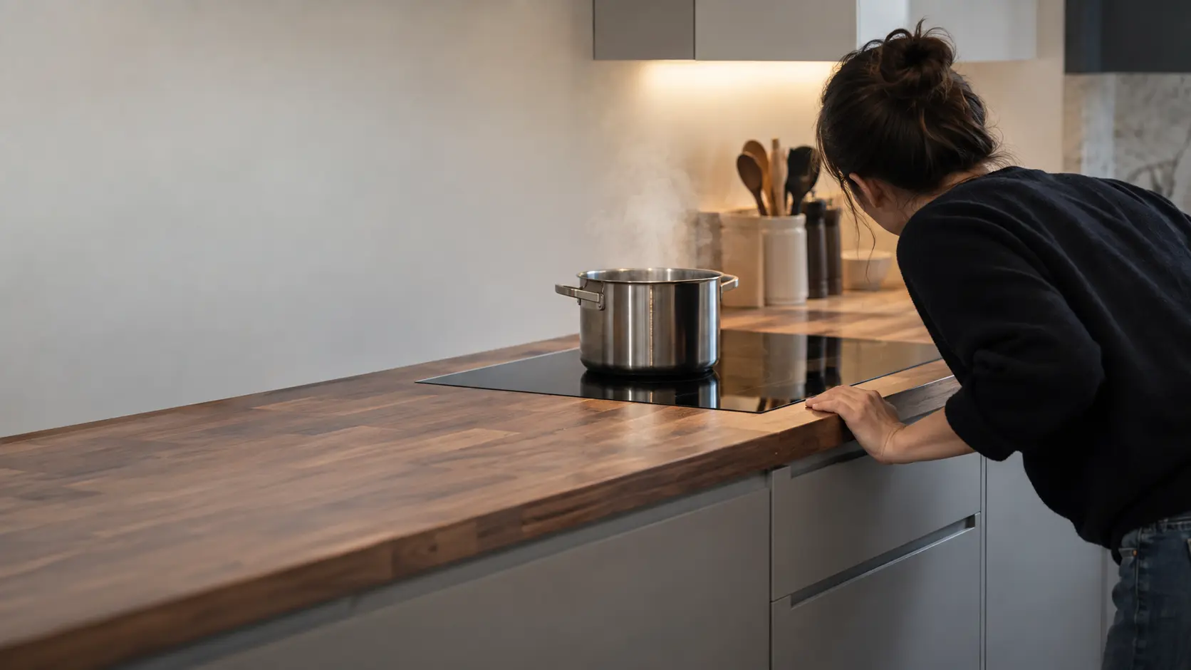 A black induction cooktop set into a walnut butcher-block countertop, a stainless stockpot on the largest zone giving off gentle steam, and a cook leaning in with head tilted to listen.