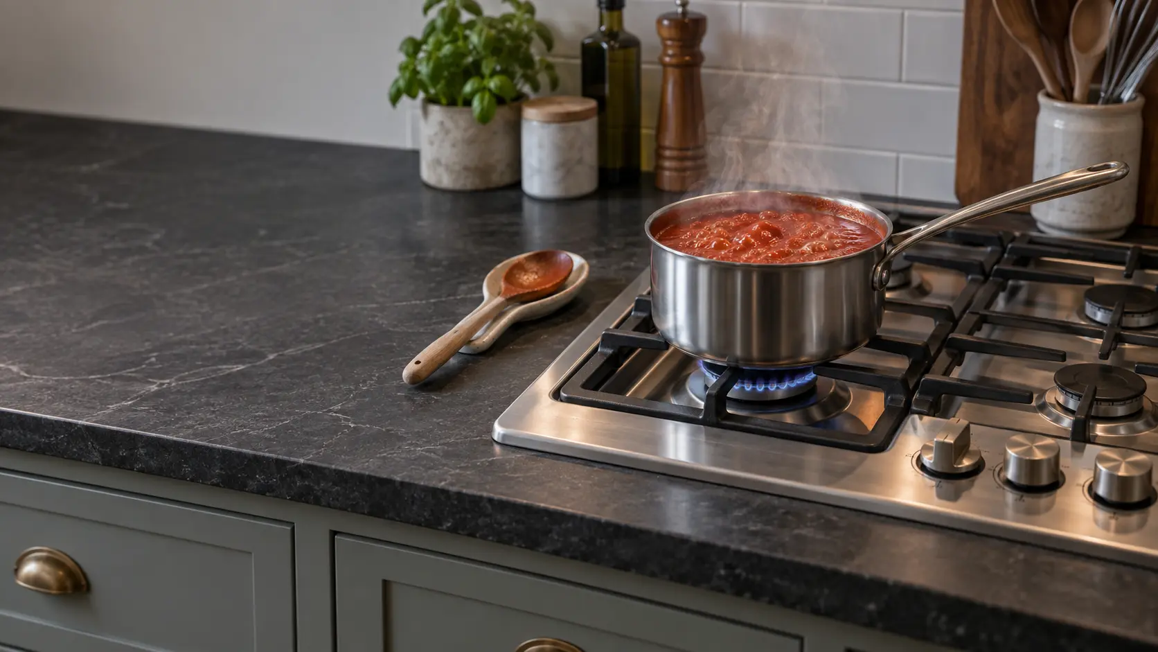 A stainless gas cooktop set into a soapstone countertop, a small saucepan of tomato sauce bubbling hard over a burner turned all the way down, a wooden spoon resting on a spoon rest beside it.