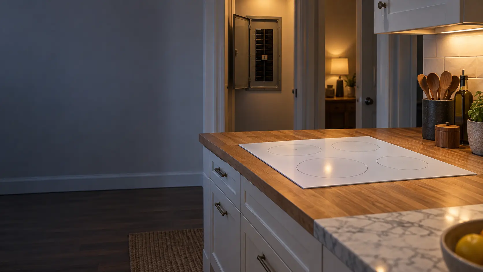 A US home kitchen at dusk with a white radiant glass cooktop set into a butcher-block countertop, every zone off and dark, and in the hallway beyond an open breaker panel with one breaker in the tripped position.