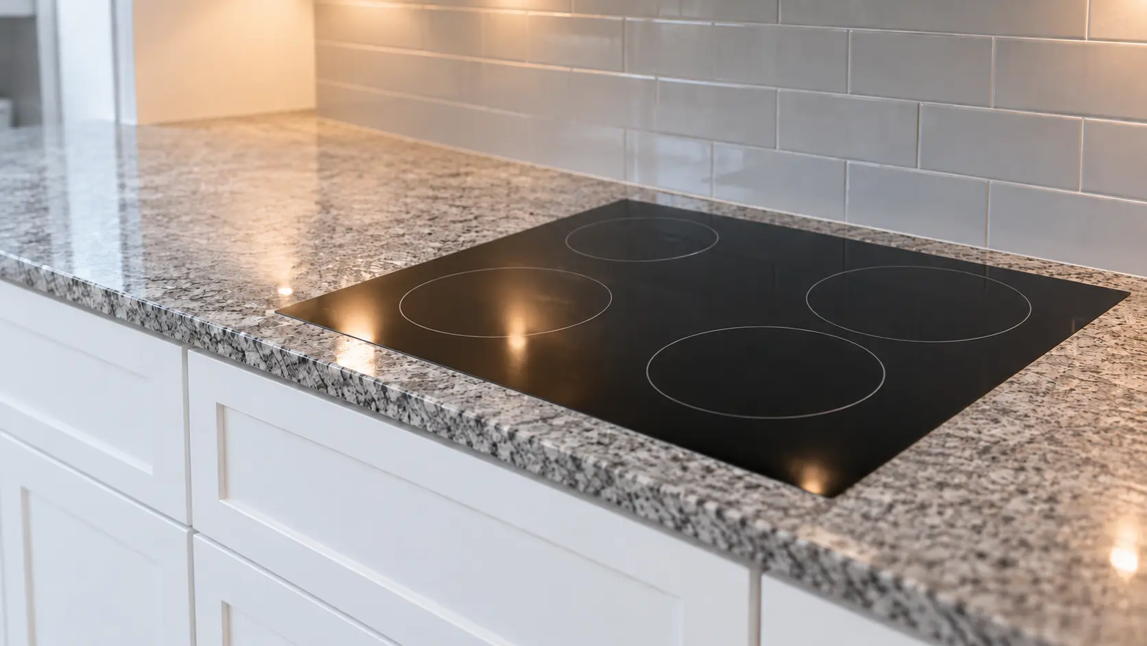 A black smooth-glass electric cooktop with four painted circles sits flush in a gray granite countertop above white cabinet doors in a US home kitchen.