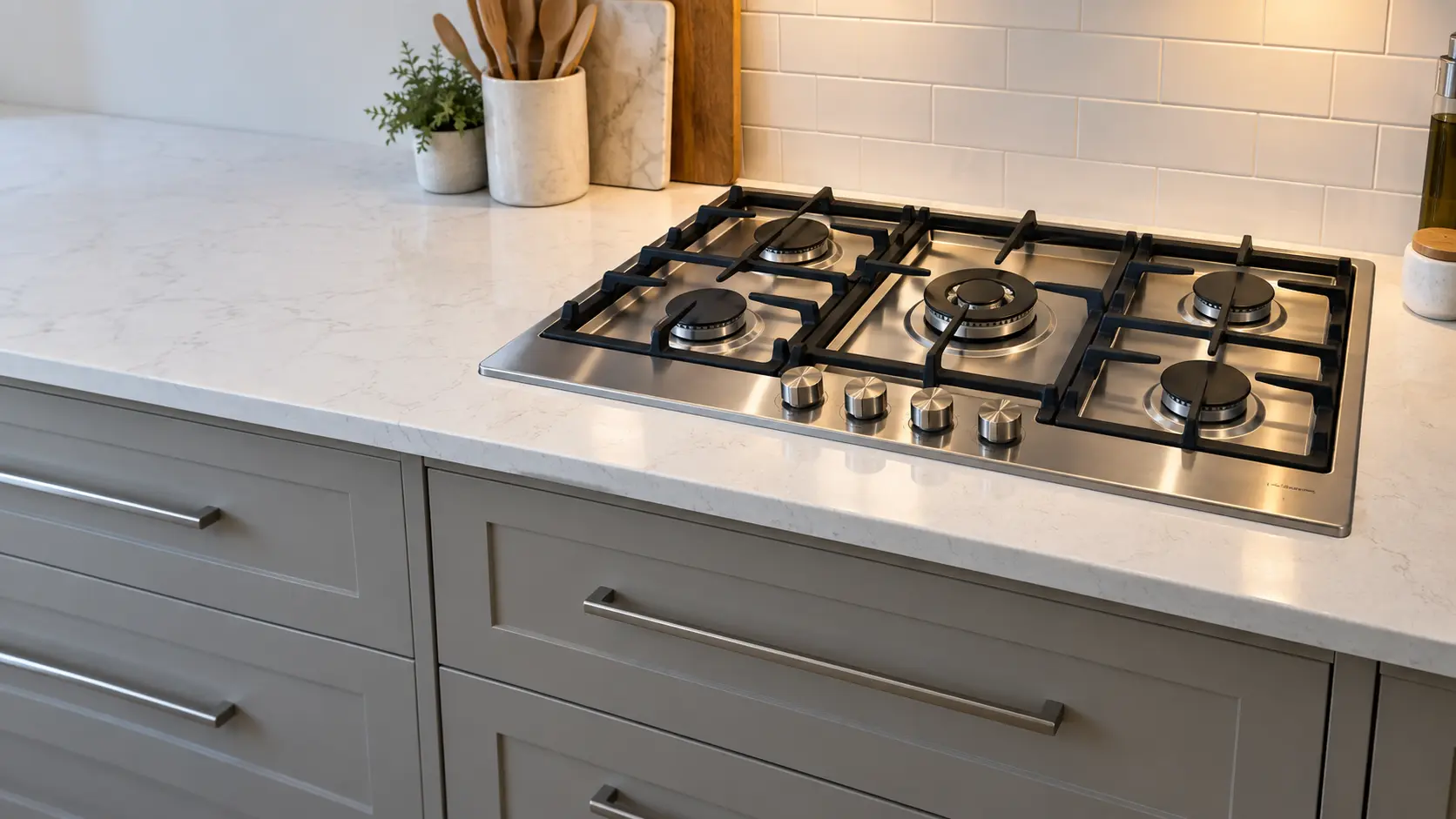 A stainless gas cooktop with five burners and black cast-iron grates is set into a white quartz countertop above a bank of wide drawers in a US home kitchen.