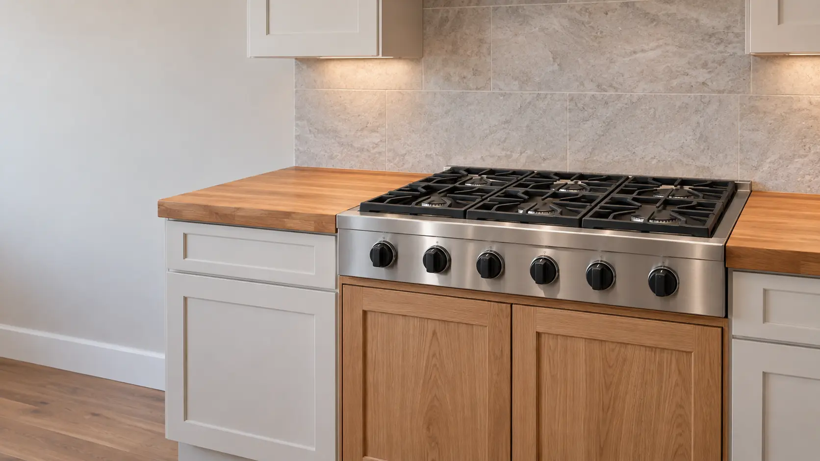 A stainless pro-style rangetop with black knobs on its front panel and six burners under continuous grates sits in a notch between butcher-block counters, above a base cabinet with two wooden doors, in a US home kitchen.